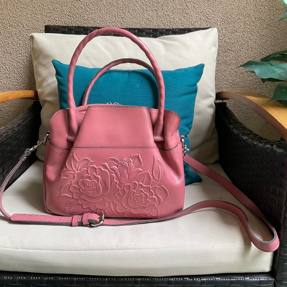 Patricia Nash Hand Tooled Satchel w/ Crossbody Strap in color Old Rose